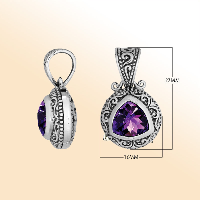 Elegant sterling silver triangular pendant with Amethyst Quartz and Balinese handcrafted detailing