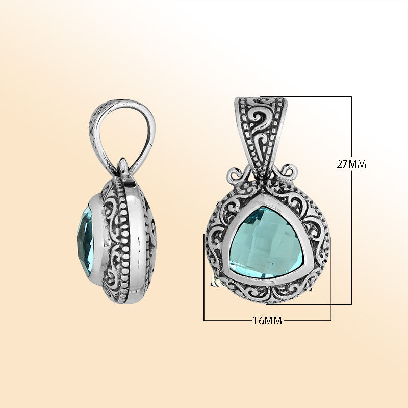 Elegant sterling silver triangular pendant with Blue Topaz Quartz and Balinese handcrafted detailing