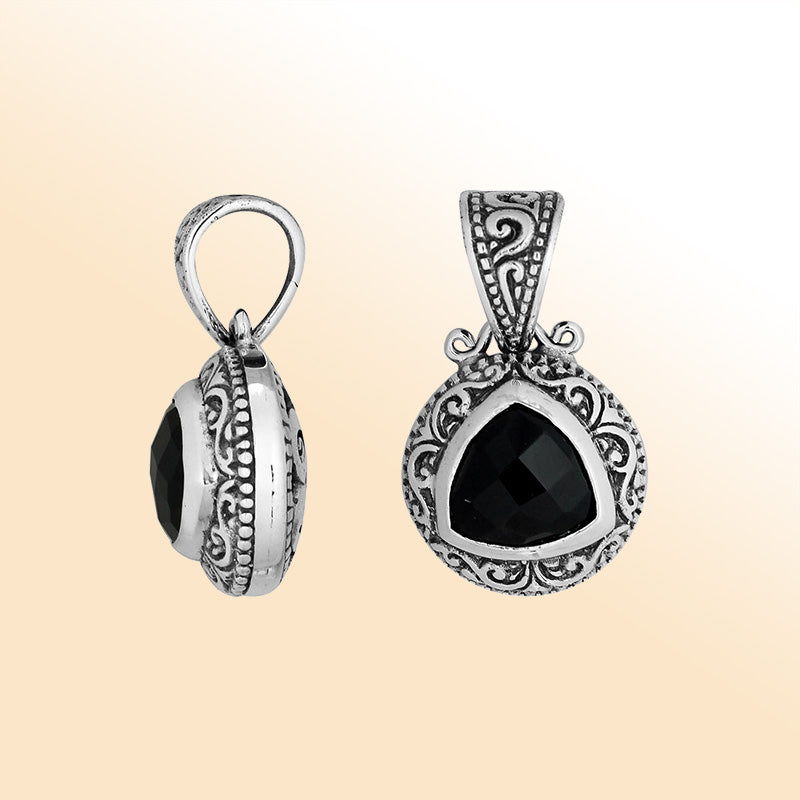 Elegant sterling silver triangular pendant with Black Onyx and Balinese handcrafted detailing