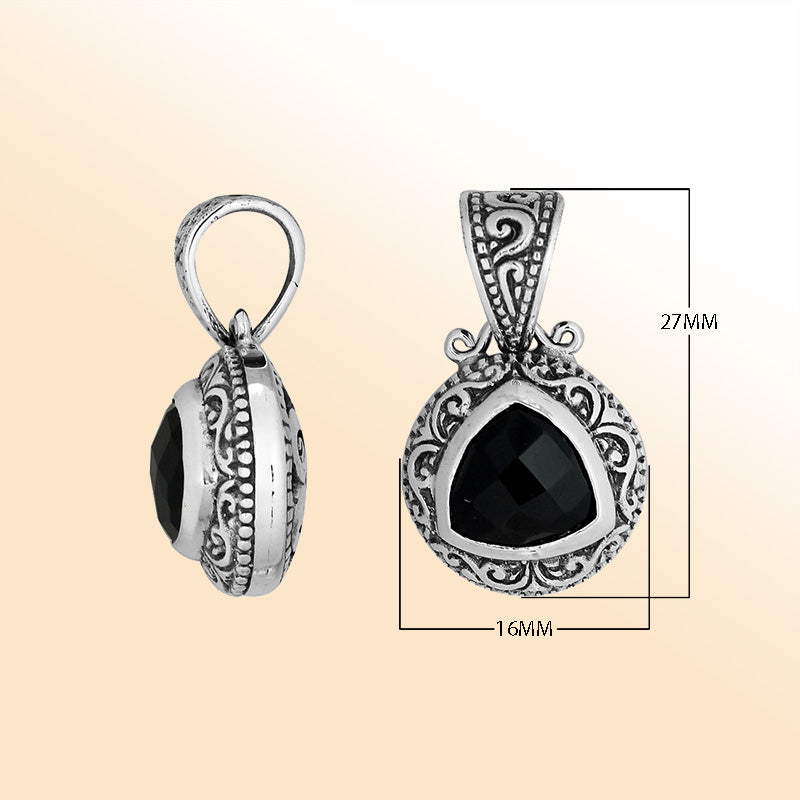 Elegant sterling silver triangular pendant with Black Onyx and Balinese handcrafted detailing