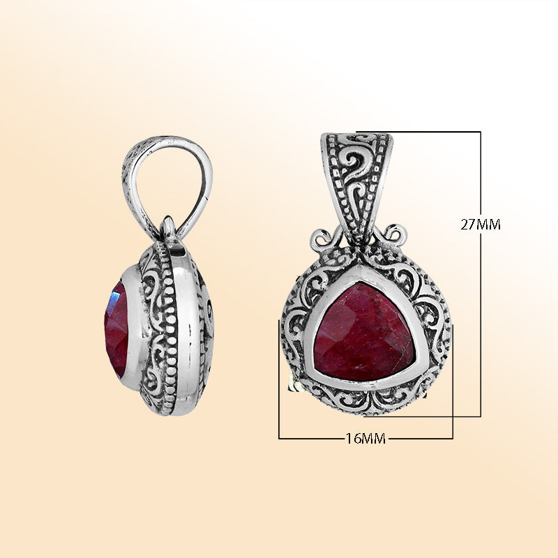 Elegant sterling silver triangular pendant with Ruby Quartz and Balinese handcrafted detailing