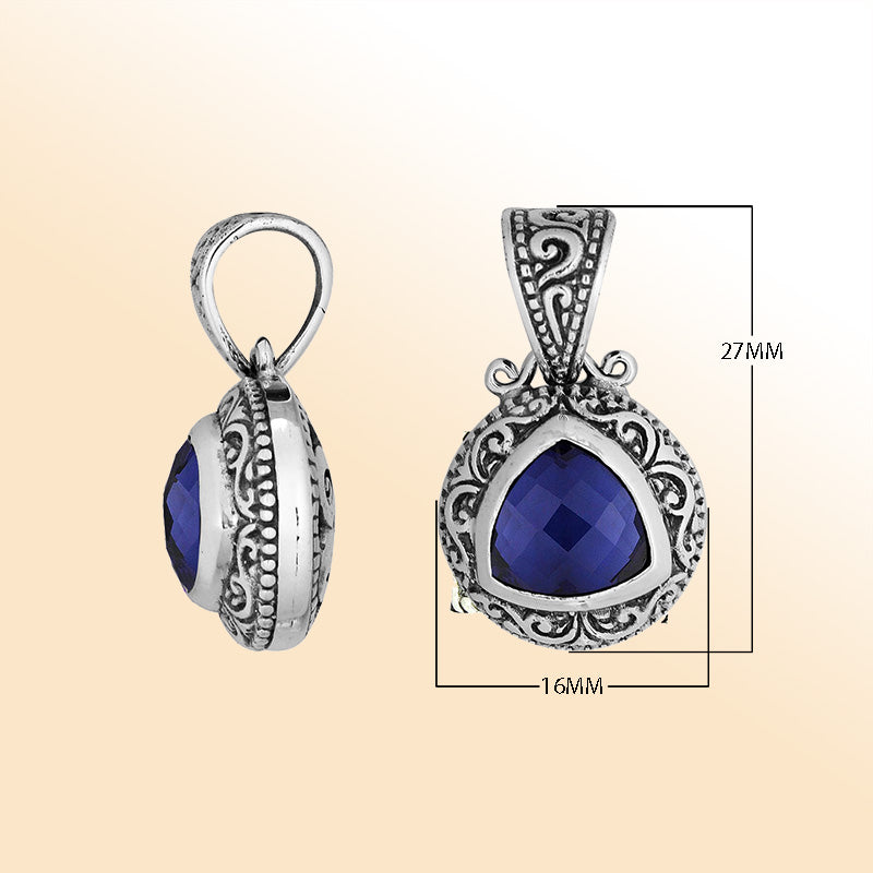 Elegant sterling silver triangular pendant with Sapphire Quartz and Balinese handcrafted detailing