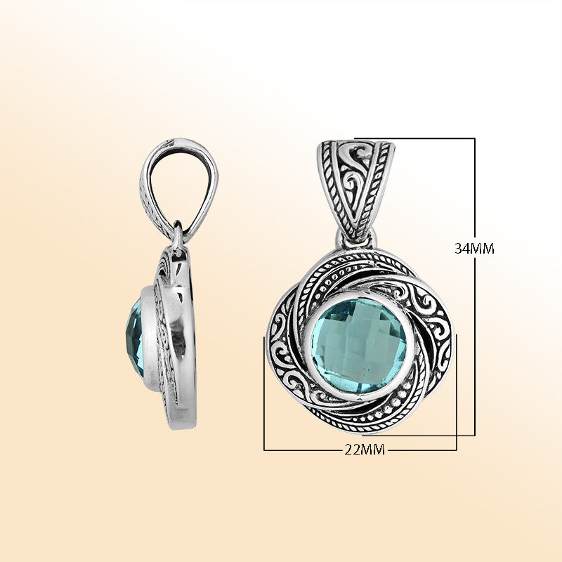 Elegant sterling silver round pendant with Blue Topaz Quartz and Balinese handcrafted detailing