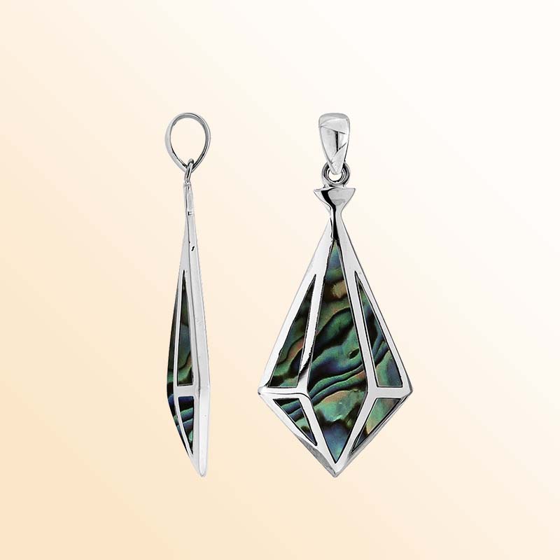 An elegant sterling silver pendant featuring a shimmering Abalone Shell in a geometric triangular design, blending oceanic beauty with Balinese handcrafted sophistication.
