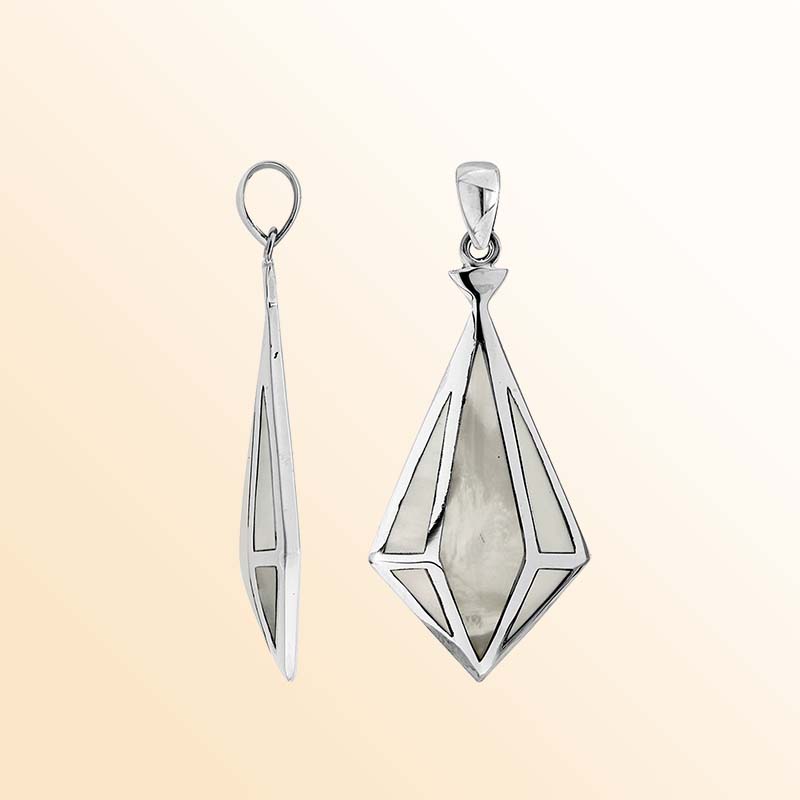 An elegant sterling silver pendant featuring a glowing Mother Of Pearl framed in a geometric triangular design, handcrafted with artistic Balinese silver detailing.
