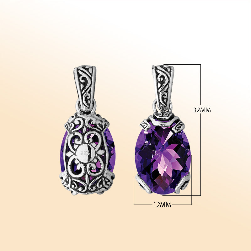 An elegant sterling silver pendant featuring a faceted Amethyst Quartz set within a detailed Balinese filigree frame, symbolizing luxury and handcrafted artistry.