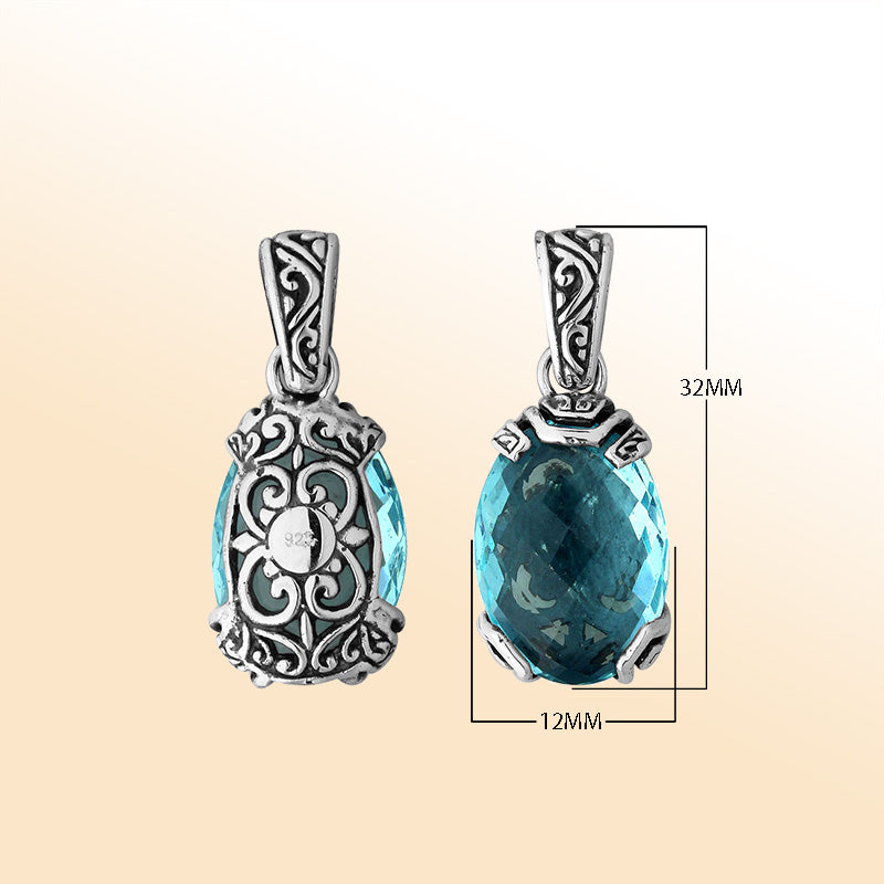 An elegant sterling silver pendant featuring a vibrant Blue Topaz Quartz set in Balinese filigree, handcrafted to reflect artistic beauty and feminine grace.