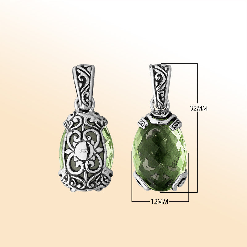 An elegant sterling silver pendant featuring a luminous Green Amethyst Quartz encased in intricate Balinese filigree, handcrafted with timeless elegance and detail.