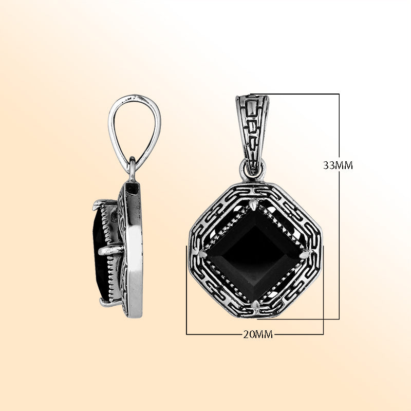 An elegant sterling silver pendant featuring a radiant Black Onyx in a geometric Greek key frame, handcrafted with Balinese artistry and detailed silverwork.