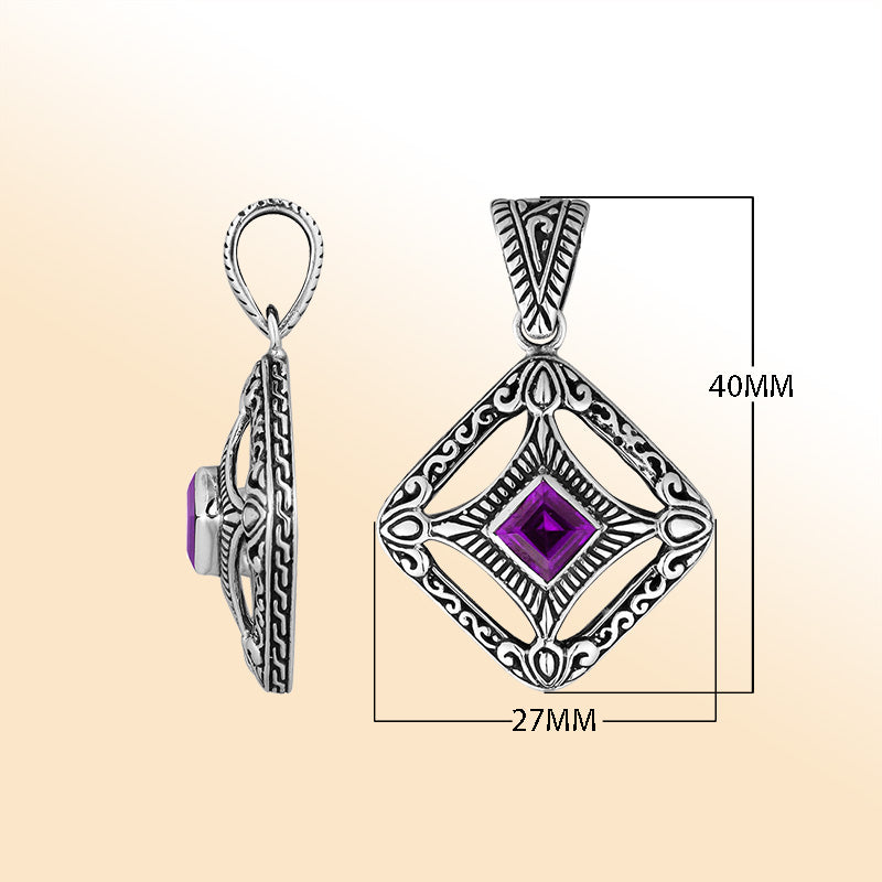 An elegant sterling silver pendant featuring a radiant Amethyst Quartz at the center of an ornate Balinese filigree design, handcrafted with intricate detail.
