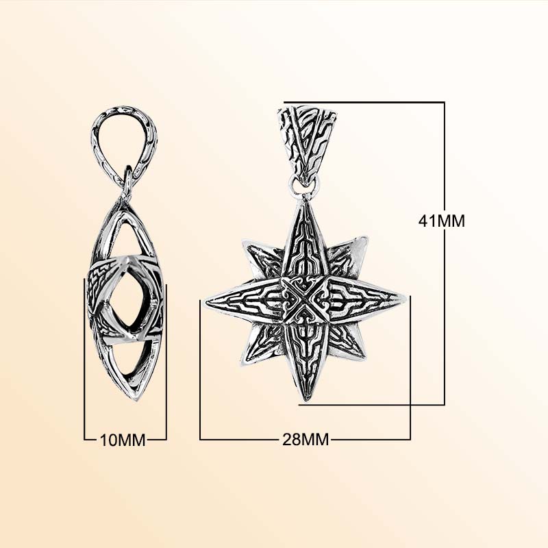 A stunning sterling silver compass star pendant handcrafted with Balinese tribal engraving and polished finish, symbolizing direction and purpose.