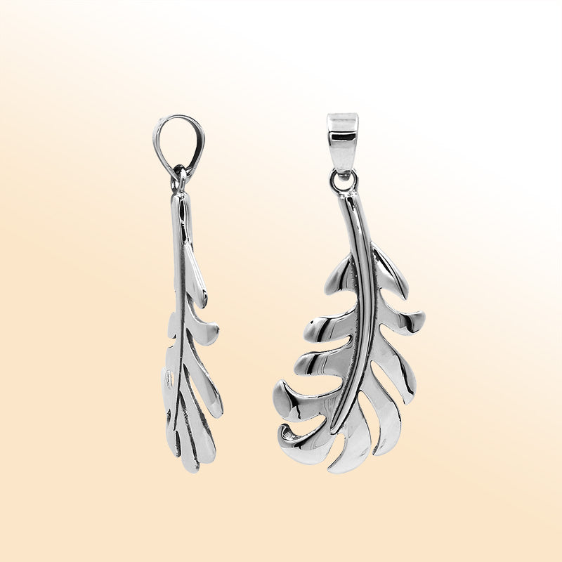 An elegant sterling silver feather pendant handcrafted with curved leaf-inspired detailing and a bright mirror-polished Balinese finish.