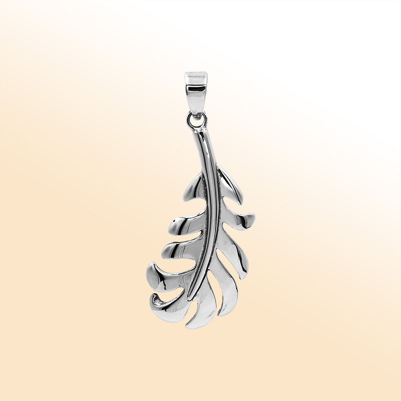 An elegant sterling silver feather pendant handcrafted with curved leaf-inspired detailing and a bright mirror-polished Balinese finish.