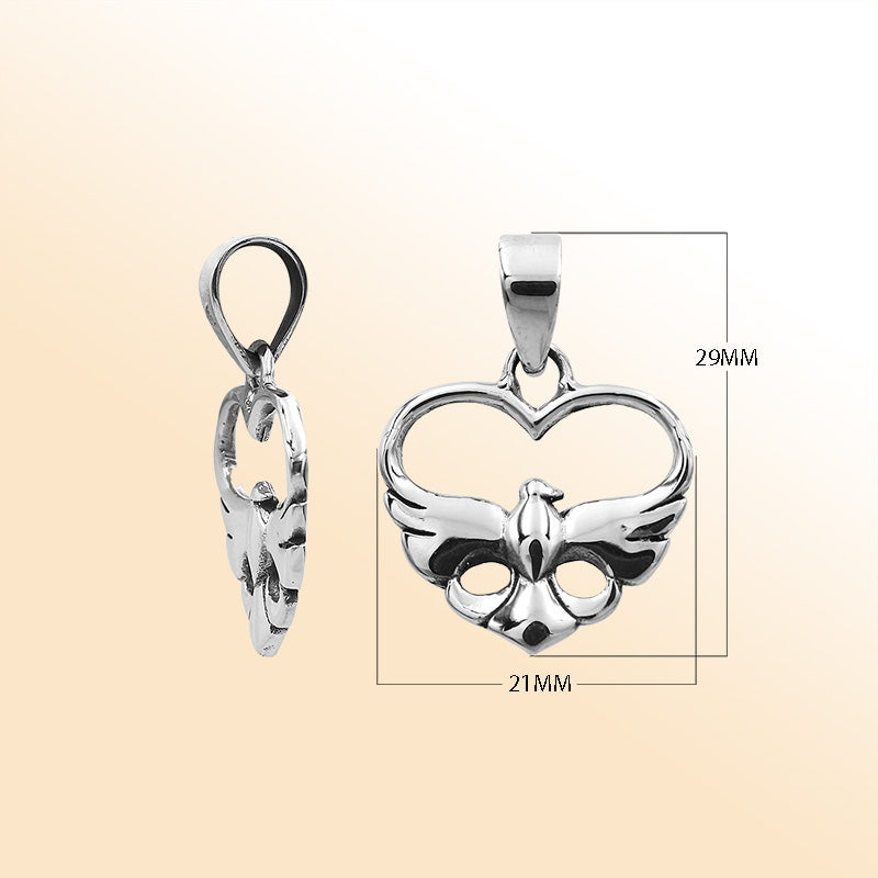 An elegant sterling silver heart and dove pendant handcrafted with Balinese artistry and a smooth, polished finish symbolizing peace and love.