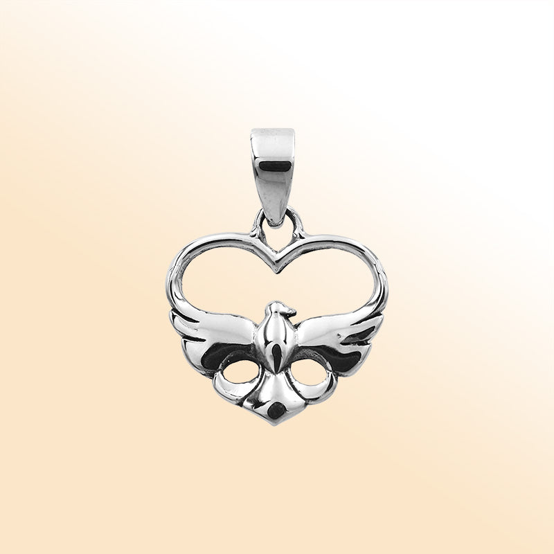 An elegant sterling silver heart and dove pendant handcrafted with Balinese artistry and a smooth, polished finish symbolizing peace and love.
