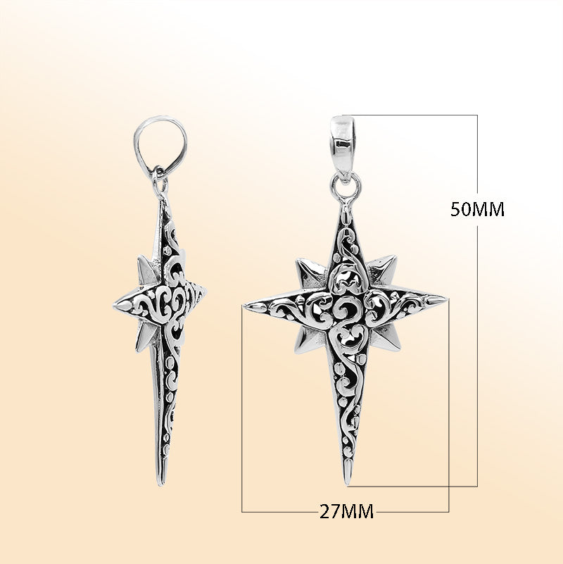 An elegant sterling silver compass star pendant handcrafted with Balinese filigree and a mirror-polished artistic finish symbolizing guidance and strength.