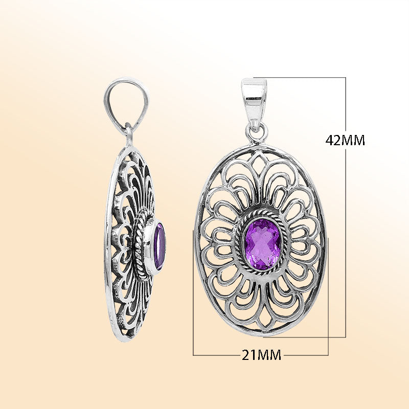 An elegant sterling silver oval pendant featuring an Amethyst Quartz gemstone with detailed Balinese filigree and polished craftsmanship.