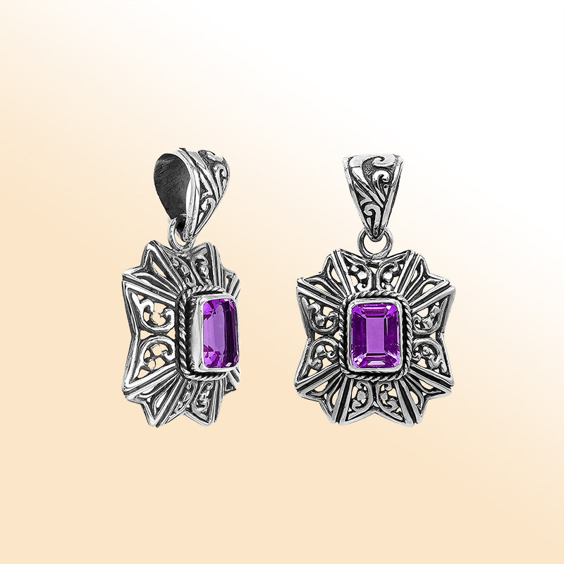 Elegant sterling silver pendant featuring Amethyst Quartz stone with intricate handcrafted Balinese motif and polished finish.