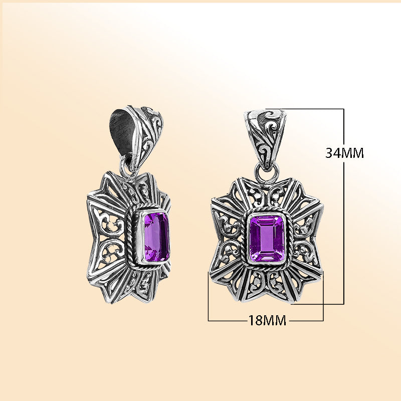 Elegant sterling silver pendant featuring Amethyst Quartz stone with intricate handcrafted Balinese motif and polished finish.