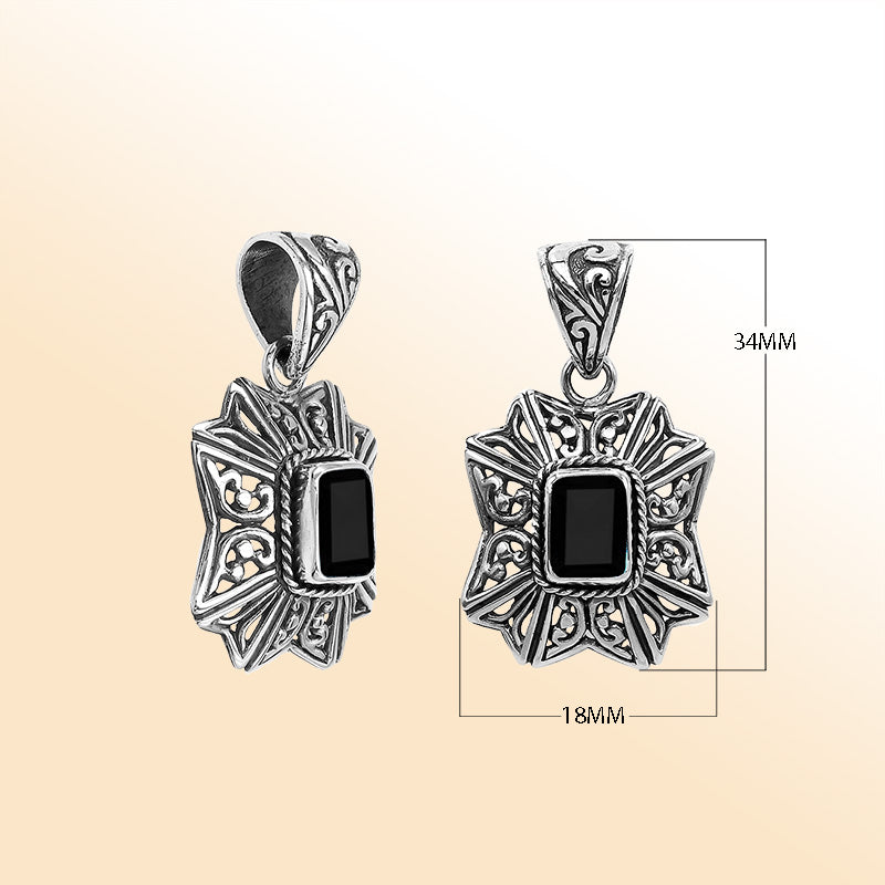 Elegant sterling silver radiant star pendant featuring Black Onyx centerpiece with artistic filigree detailing and high-gloss finish.