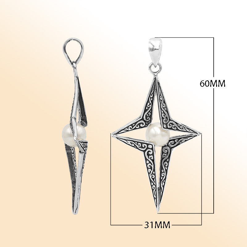 Elegant sterling silver radiant star pendant featuring White Pearl centerpiece with artistic filigree detailing and polished finish.