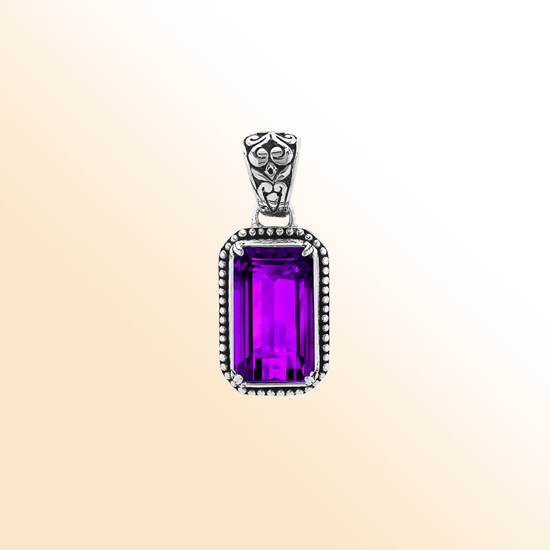 Elegant sterling silver rectangular pendant featuring Amethyst Quartz centerpiece with beaded border and polished silver finish.
