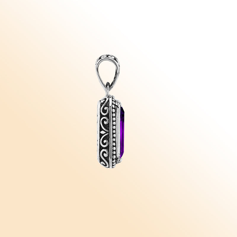 Elegant sterling silver rectangular pendant featuring Amethyst Quartz centerpiece with beaded border and polished silver finish.