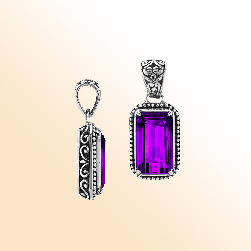 Elegant sterling silver rectangular pendant featuring Amethyst Quartz centerpiece with beaded border and polished silver finish.