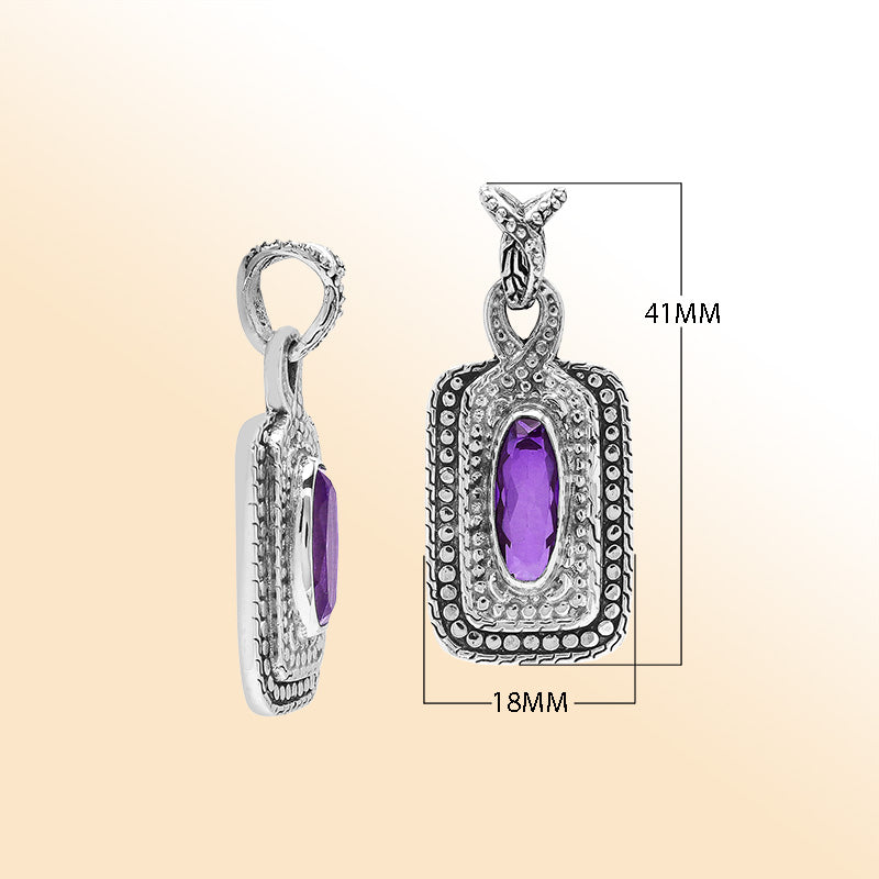 Elegant sterling silver oval pendant featuring Amethyst Quartz center with artistic beaded frame and polished finish.