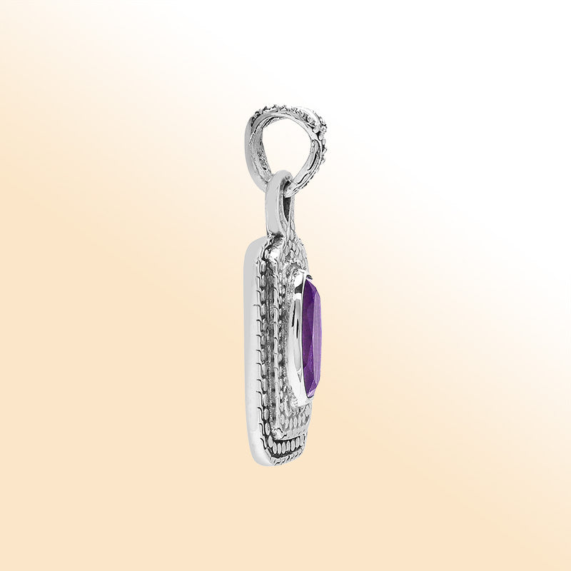 Elegant sterling silver oval pendant featuring Amethyst Quartz center with artistic beaded frame and polished finish.