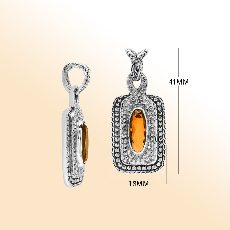 Elegant sterling silver oval pendant featuring Citrine Quartz center with artistic beaded frame and polished finish.
