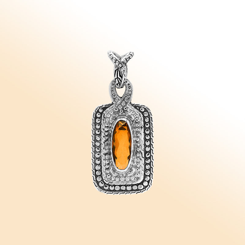 Elegant sterling silver oval pendant featuring Citrine Quartz center with artistic beaded frame and polished finish.