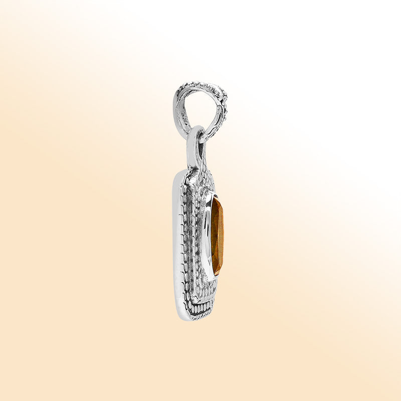 Elegant sterling silver oval pendant featuring Citrine Quartz center with artistic beaded frame and polished finish.