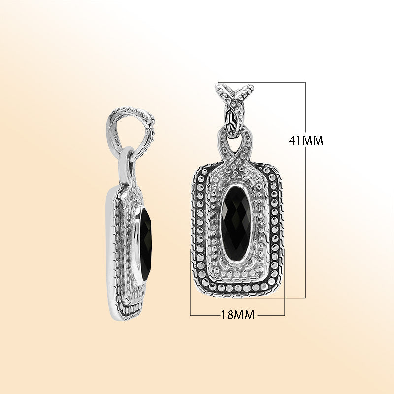 Elegant sterling silver oval pendant featuring Black Onyx center with artistic beaded frame and polished silver finish.