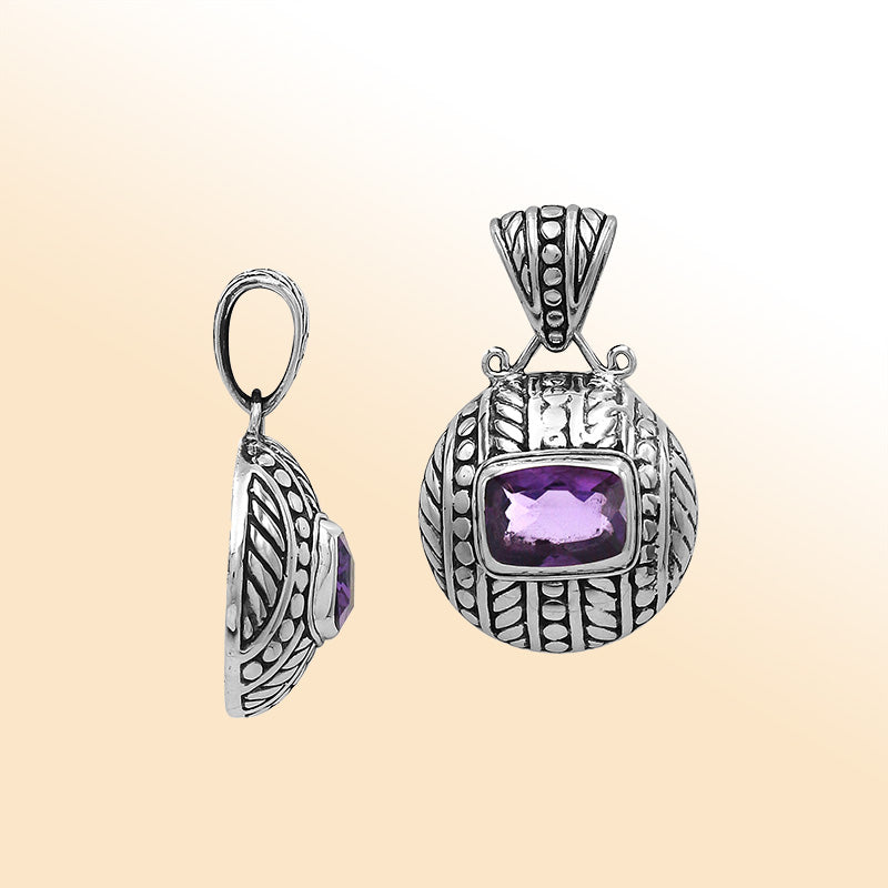 Elegant sterling silver dome-shaped pendant featuring Amethyst Quartz center with artistic carved detailing and polished finish.