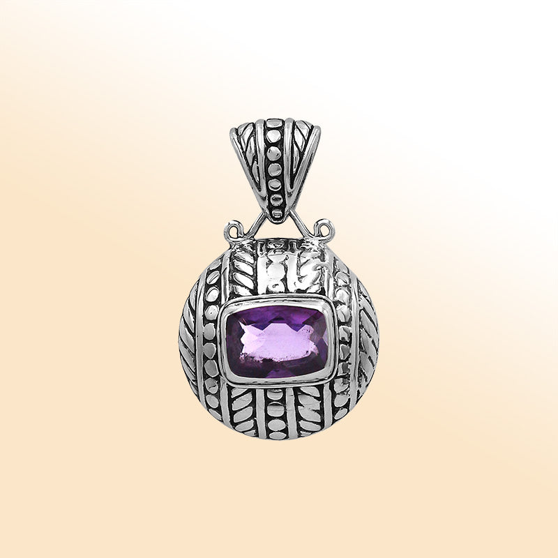 Elegant sterling silver dome-shaped pendant featuring Amethyst Quartz center with artistic carved detailing and polished finish.
