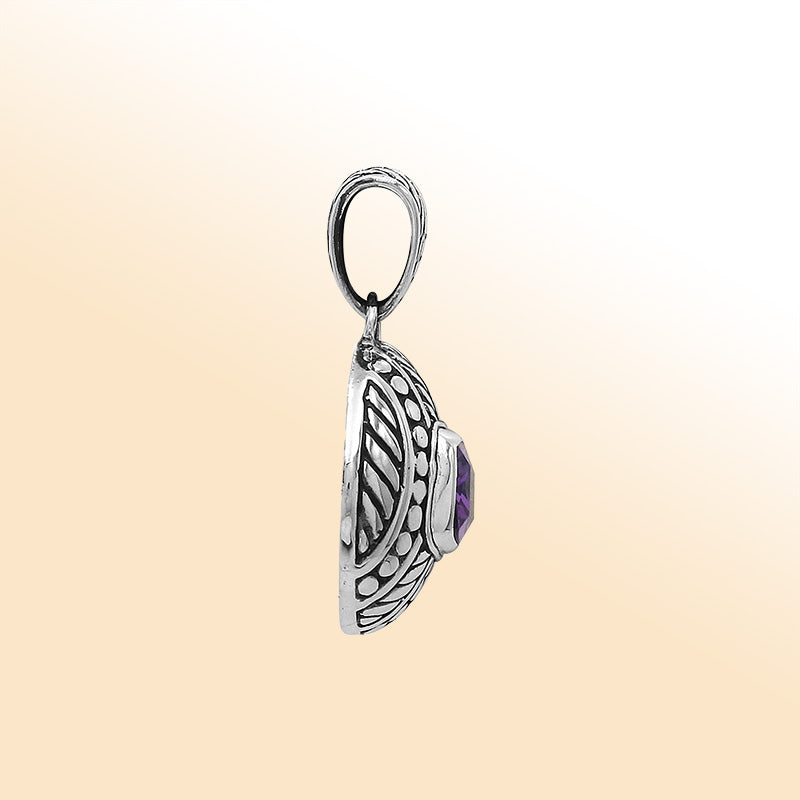 Elegant sterling silver dome-shaped pendant featuring Amethyst Quartz center with artistic carved detailing and polished finish.