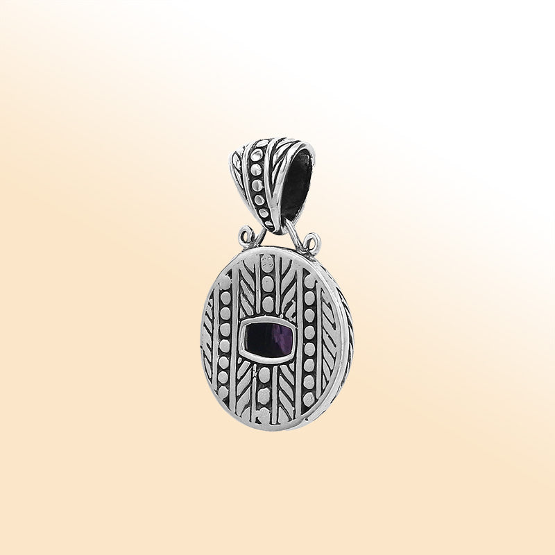 Elegant sterling silver dome-shaped pendant featuring Amethyst Quartz center with artistic carved detailing and polished finish.