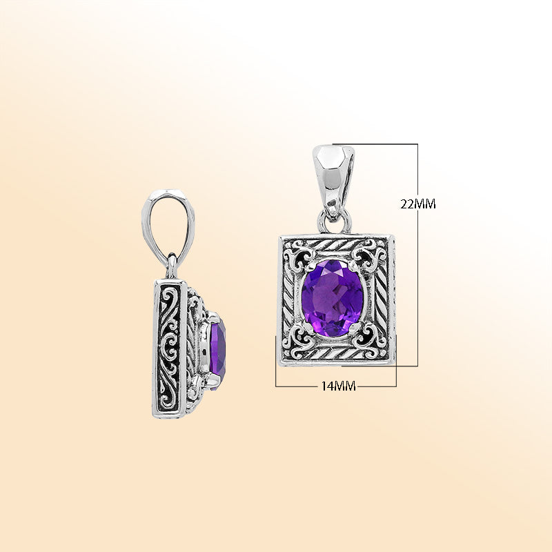 Elegant sterling silver pendant featuring an oval amethyst quartz in a rectangular frame with swirl engravings and polished high-gloss Balinese finish.