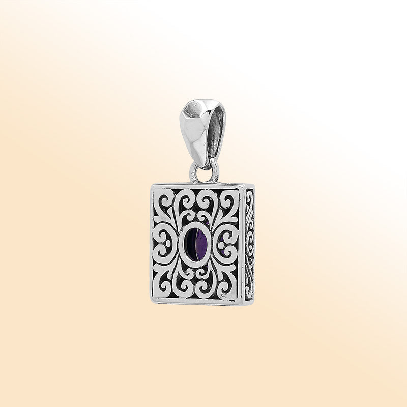 Elegant sterling silver pendant featuring an oval amethyst quartz in a rectangular frame with swirl engravings and polished high-gloss Balinese finish.