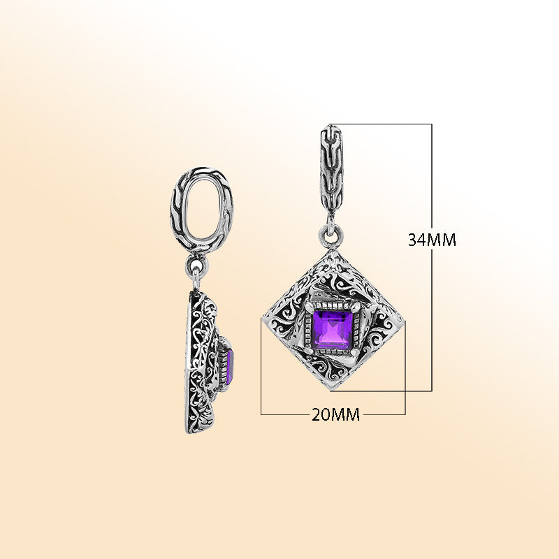 Handcrafted sterling silver diamond-shaped pendant with square amethyst quartz, ornate filigree detailing, and mirror-polished finish in modern Balinese artistry.