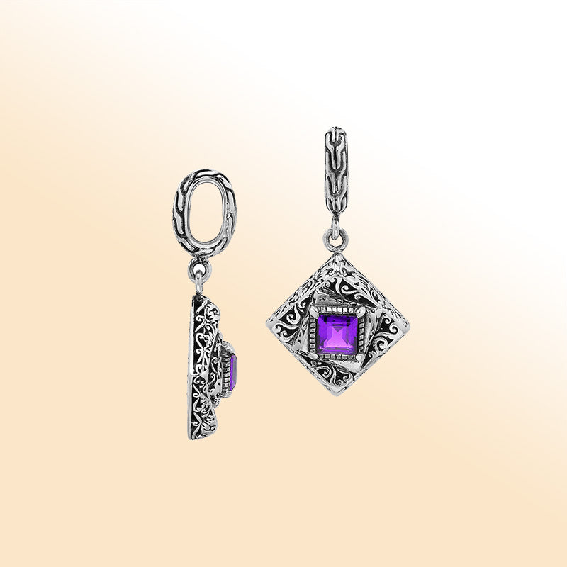 Handcrafted sterling silver diamond-shaped pendant with square amethyst quartz, ornate filigree detailing, and mirror-polished finish in modern Balinese artistry.
