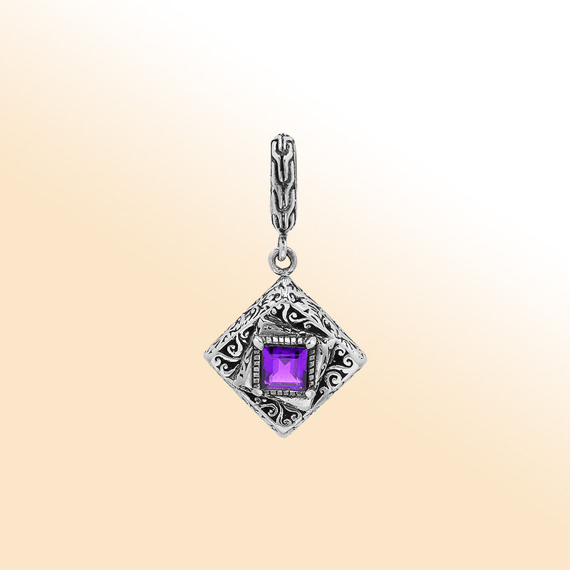 Handcrafted sterling silver diamond-shaped pendant with square amethyst quartz, ornate filigree detailing, and mirror-polished finish in modern Balinese artistry.