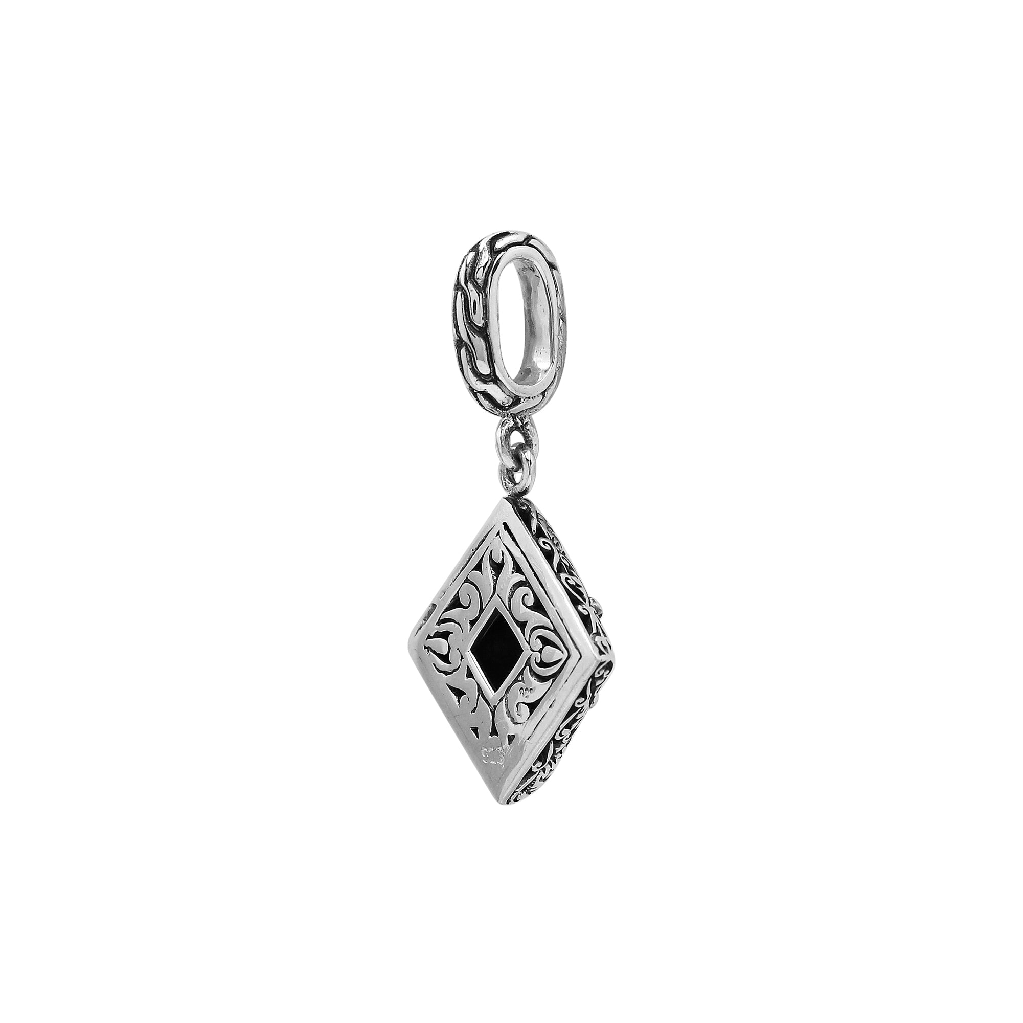 Handcrafted sterling silver diamond-shaped pendant with square amethyst quartz, ornate filigree detailing, and mirror-polished finish in modern Balinese artistry.