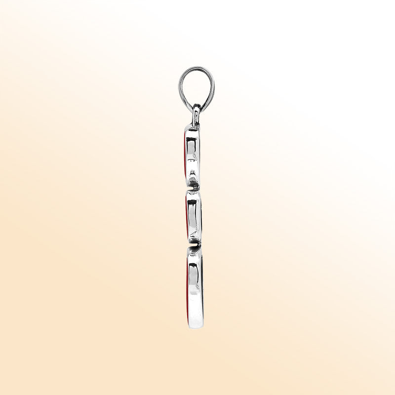 Handcrafted sterling silver triple-shape pendant with Red Coral stones, smooth mirror-polished surface, and elegant Balinese artistry.