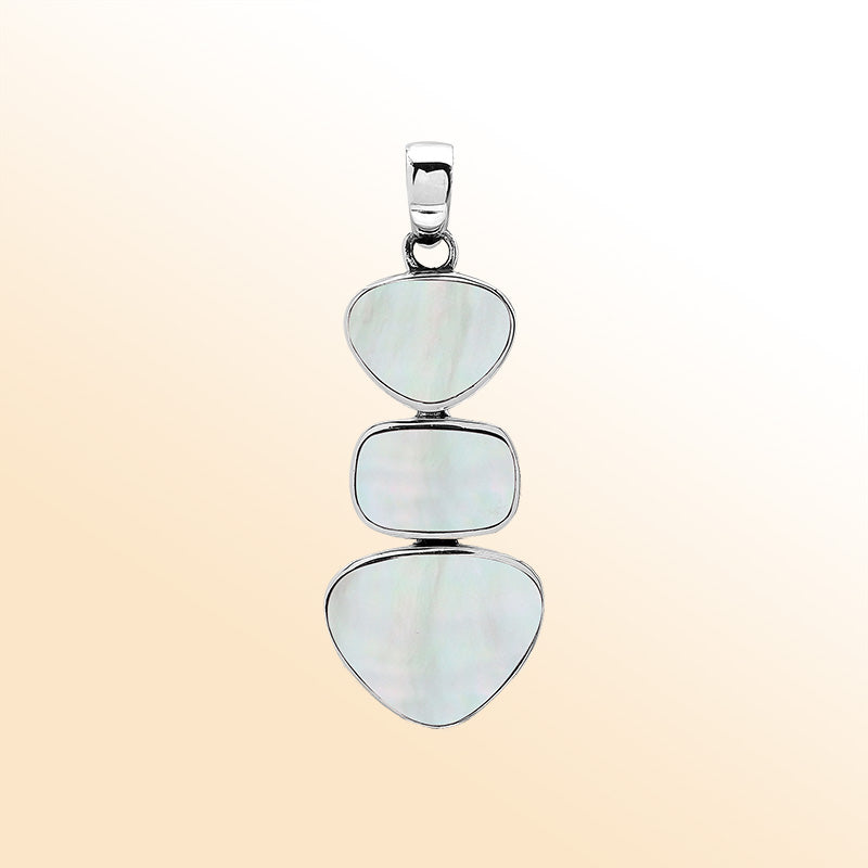 Handcrafted sterling silver triple-shape pendant with Mother Of Pearl stones, smooth polished surface, and refined Balinese artistry.