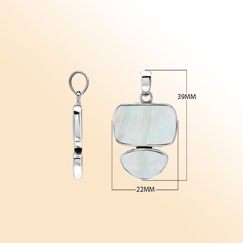 Handcrafted sterling silver double-shape pendant with Mother Of Pearl stones, smooth polished surface, and refined Balinese artistic detailing.