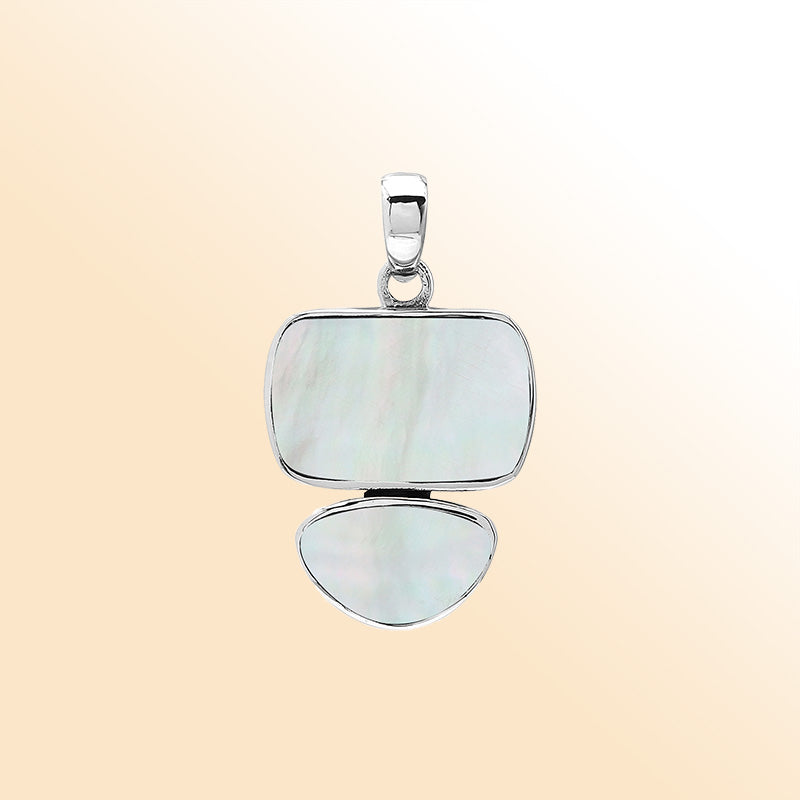 Handcrafted sterling silver double-shape pendant with Mother Of Pearl stones, smooth polished surface, and refined Balinese artistic detailing.