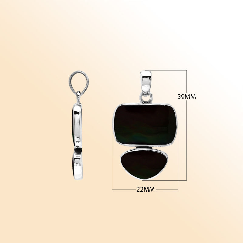 Handcrafted sterling silver pendant featuring two Black Shell stones, smooth mirror-polished surface, and fine Balinese artistry.