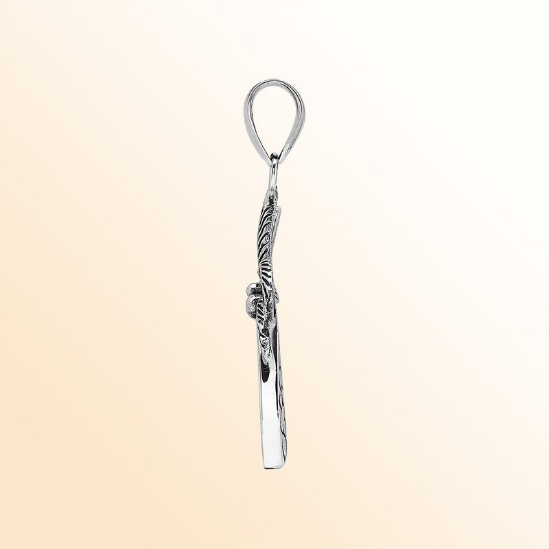 Elegant sterling silver palm tree pendant with shimmering abalone shell and Balinese craftsmanship in polished finish.